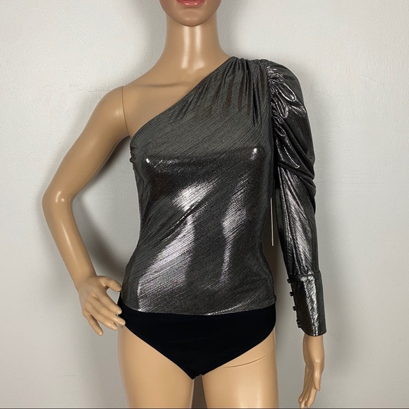 NEW ALIX NYC REVOLVE SILVER METALLIC ONE-SHOULDER BODYSUIT - Picture 3 of 10